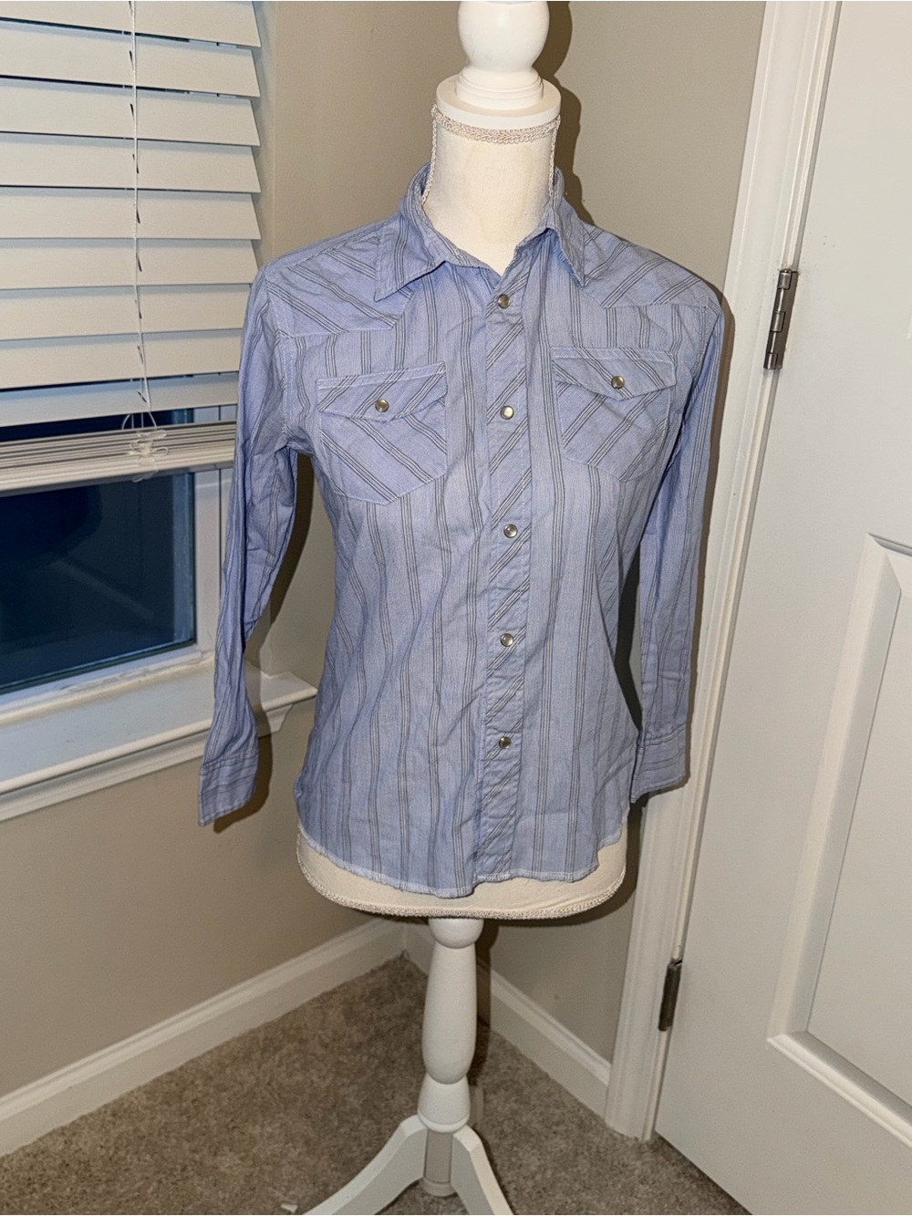 Wrangler Light Blue Striped Button-Down Shirt pearl Snaps